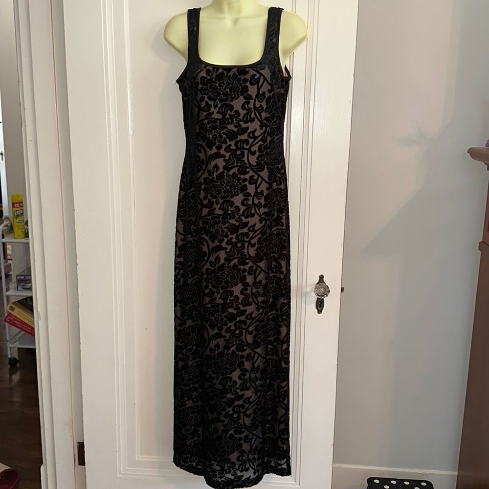 Vintage‎ 90s Explosion black chenille black floral sleeveless bodycon maxi dress